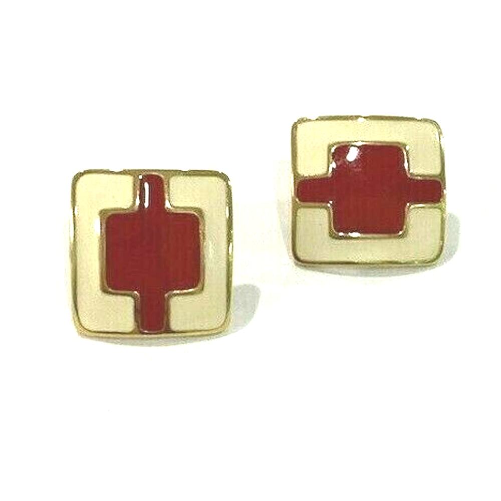 Vintage Gold Tone Pierced Earrings with red & cream enamel finish classic 1980's